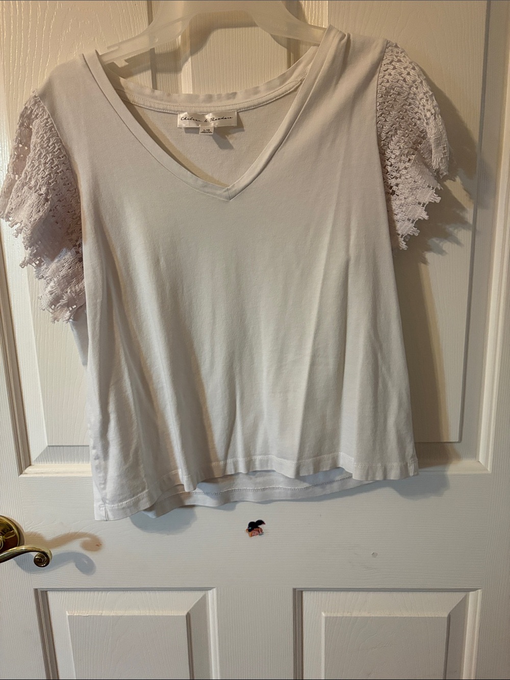 Chelsea & Theodore White V-Neck Tee with Crochet Short Sleeves